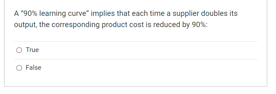 A 90% learning curve implies that each time a