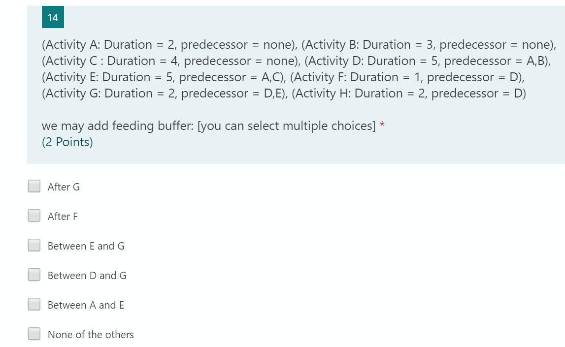 14 (Activity A: Duration = 2, predecessor =