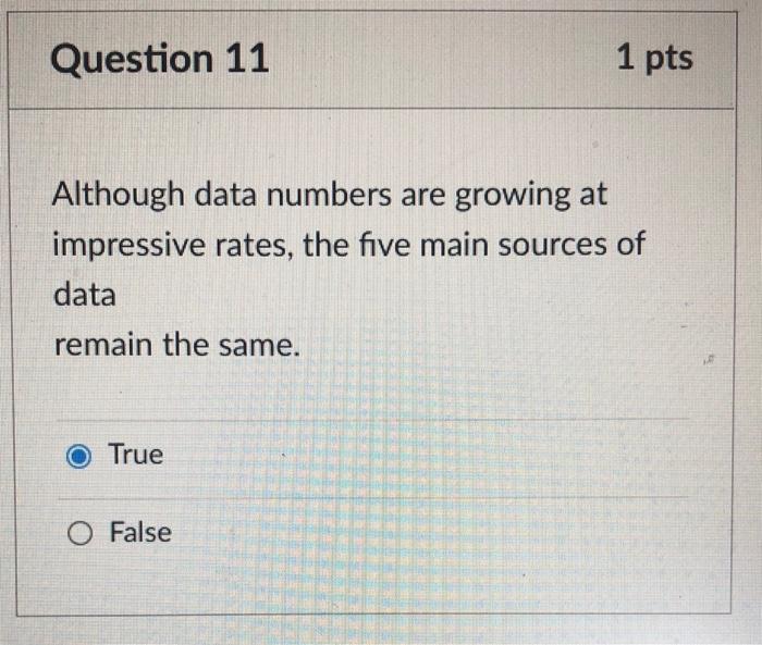 Question 11 1 pts Although data numbers are