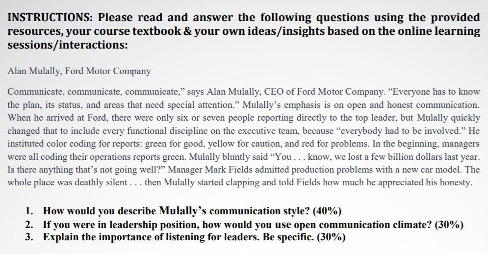 INSTRUCTIONS: Please read and answer the