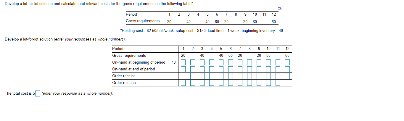 Develop a lot-for-lot solution and calculate
