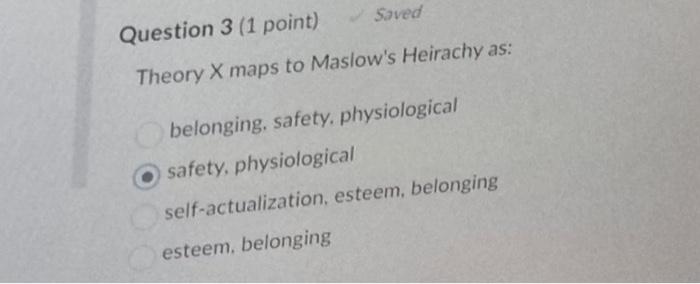Theory X maps to Maslow's Heirachy as: belonging,