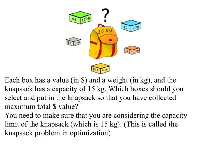 Each box has a value (in $ ) and a weight (in kg