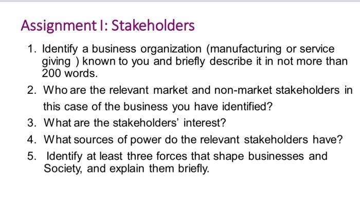 Assignment I: Stakeholders 1. Identify a business