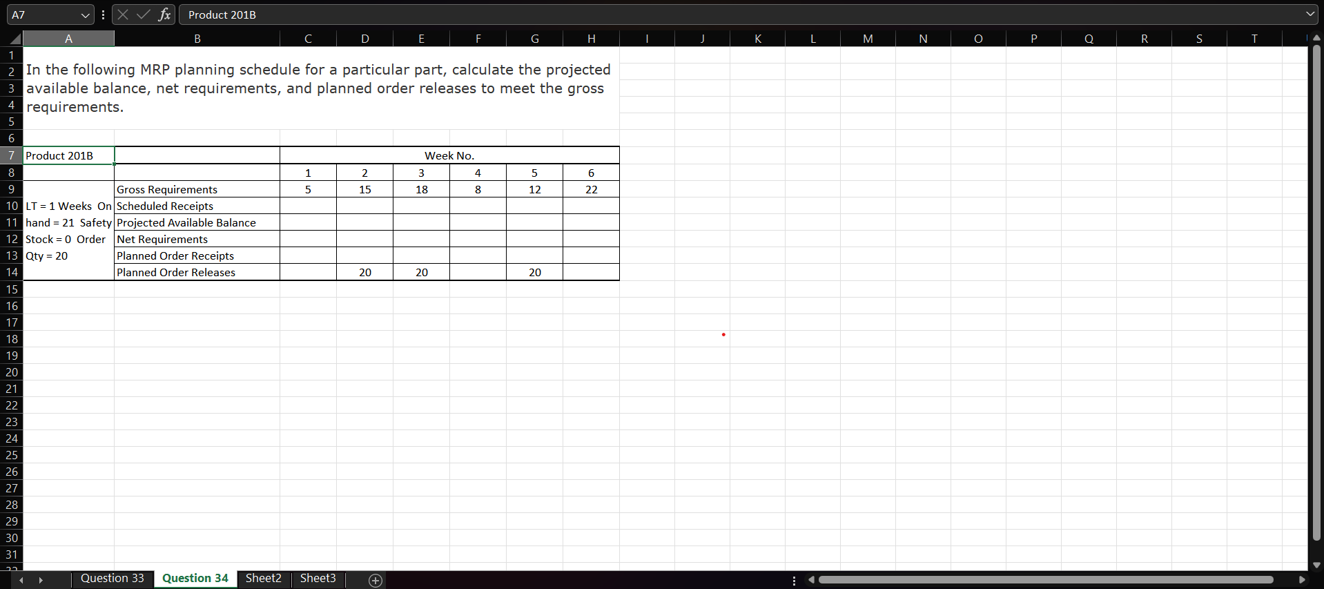 In the following MRP planning schedule for a
