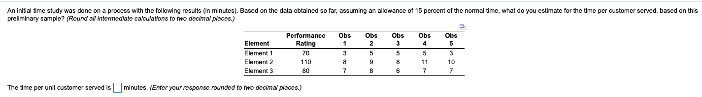 An initial time study was done on a process with