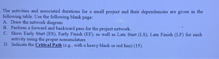 The activities and associated durations for a