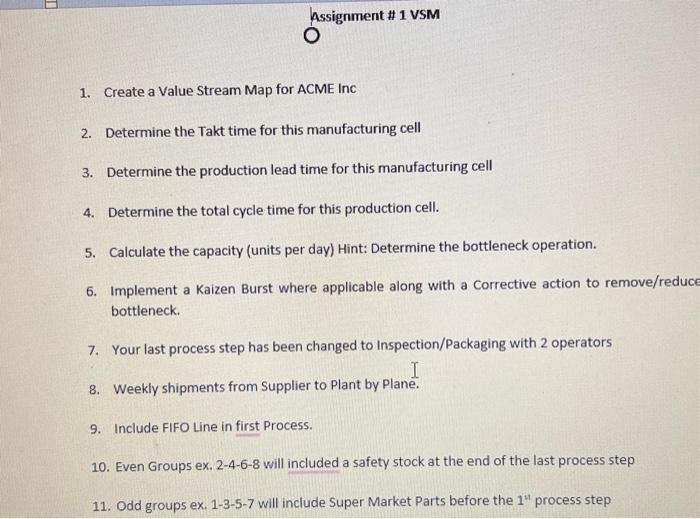 Assignment 1: Determining the Value Stream Mep,