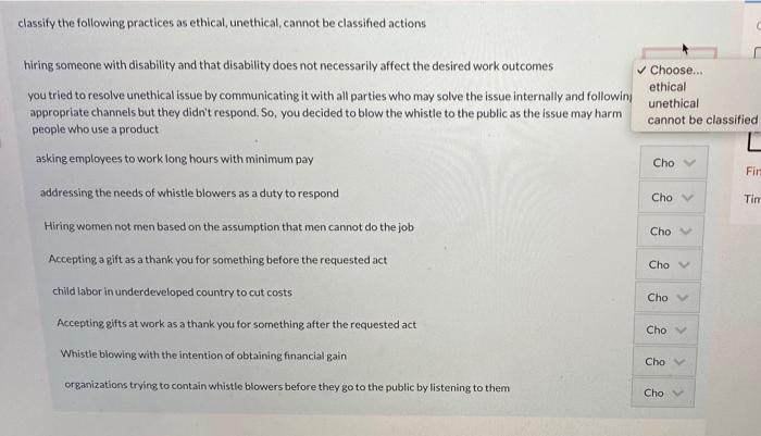 classify the following practices as ethical,