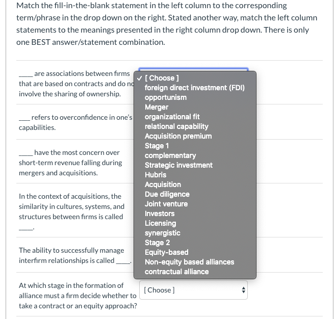 Match the fill-in-the-blank statement in the left