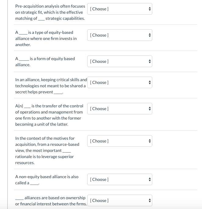 Match the fill-in-the-blank statement in the left