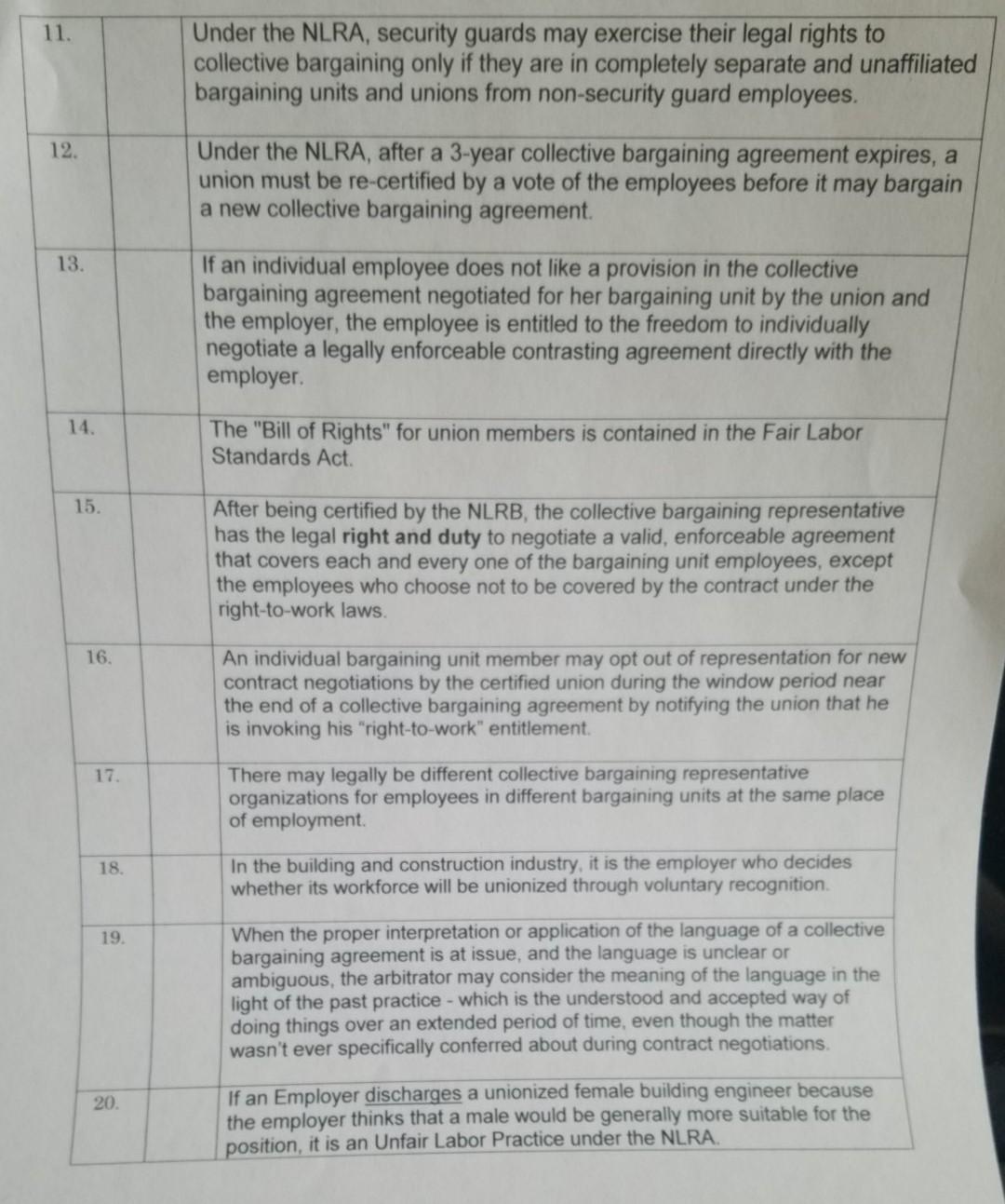 true or false answer 11. Under the NLRA, security