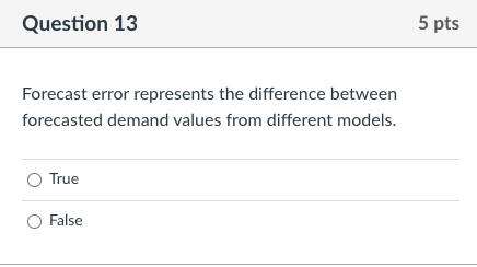 Question 13 Forecast error represents the