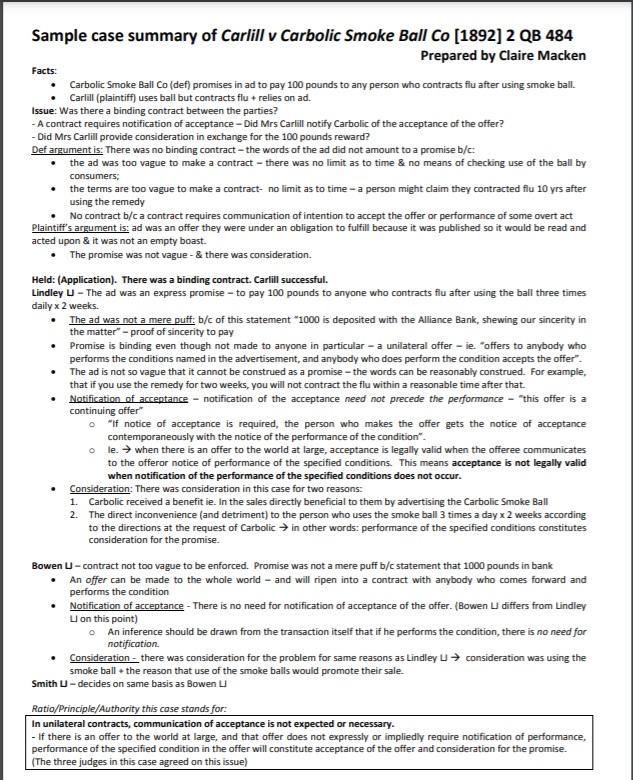 Facts: Sample case summary of Carlill v Carbolic