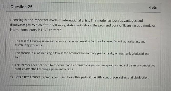 Question 25 4 pts Licensing is one important mode