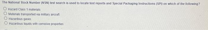 The National Stock Number (NSN) test search is