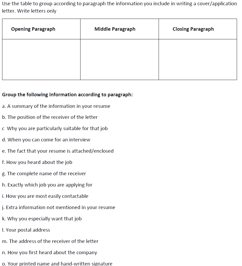 Use the table to group according to paragraph the