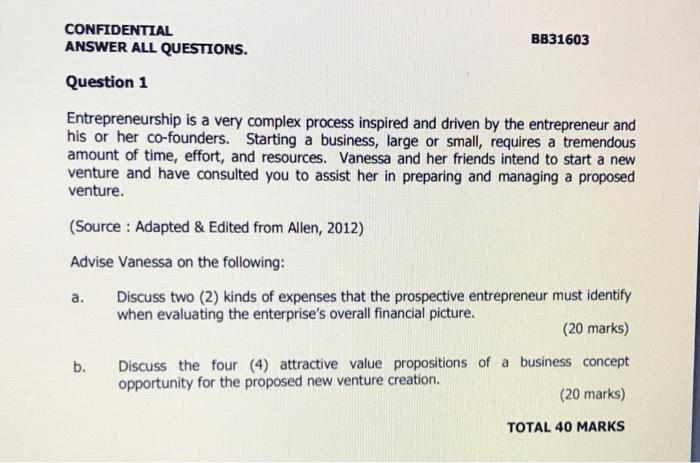 CONFIDENTIAL ANSWER ALL QUESTIONS. BB31603