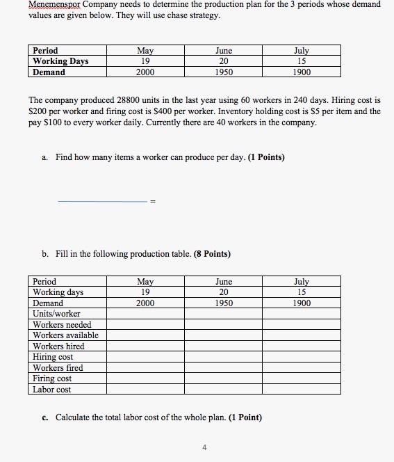 Menemenspor Company needs to determine the