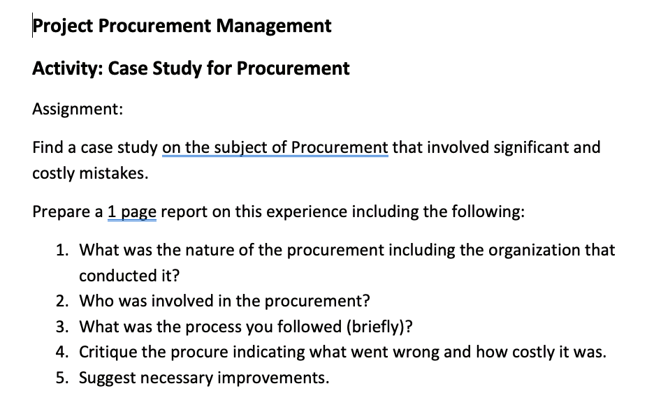 Project Procurement Management Activity: Case