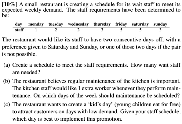 [10%] A small restaurant is creating a schedule