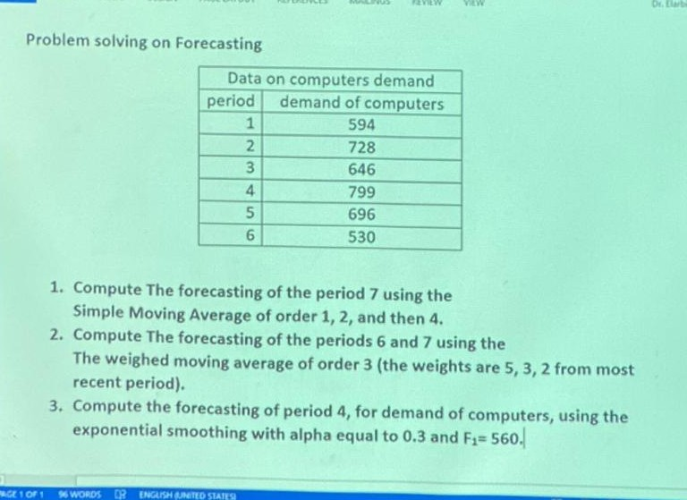 br. Problem solving on Forecasting 2 Data on