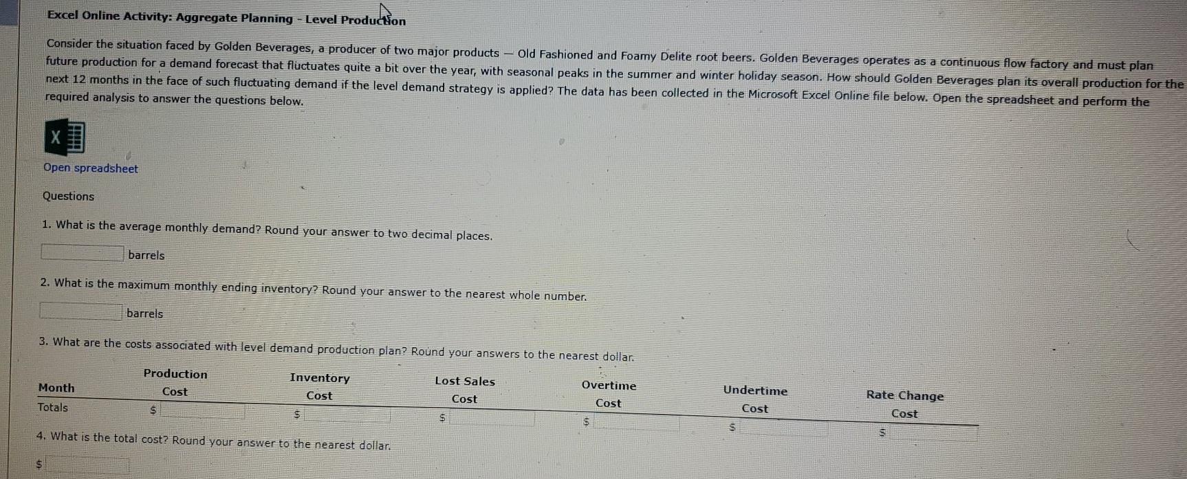 Excel Online Activity: Aggregate Planning - Level