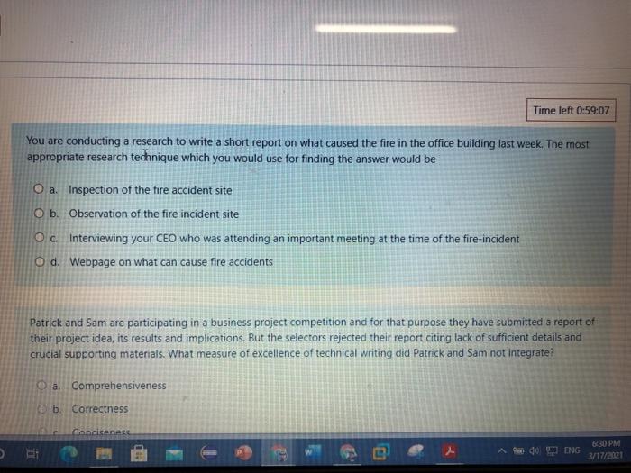 Time left 0:59:07 You are conducting a research