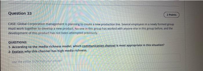 Question 33 2 Points CASE: Global Corporation