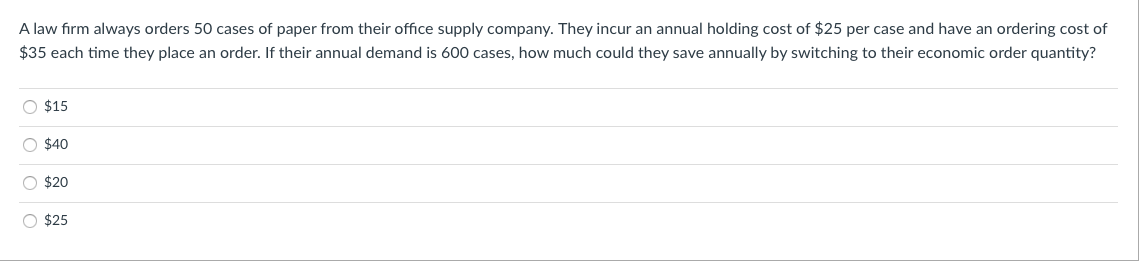 A law firm always orders 50 cases of paper from