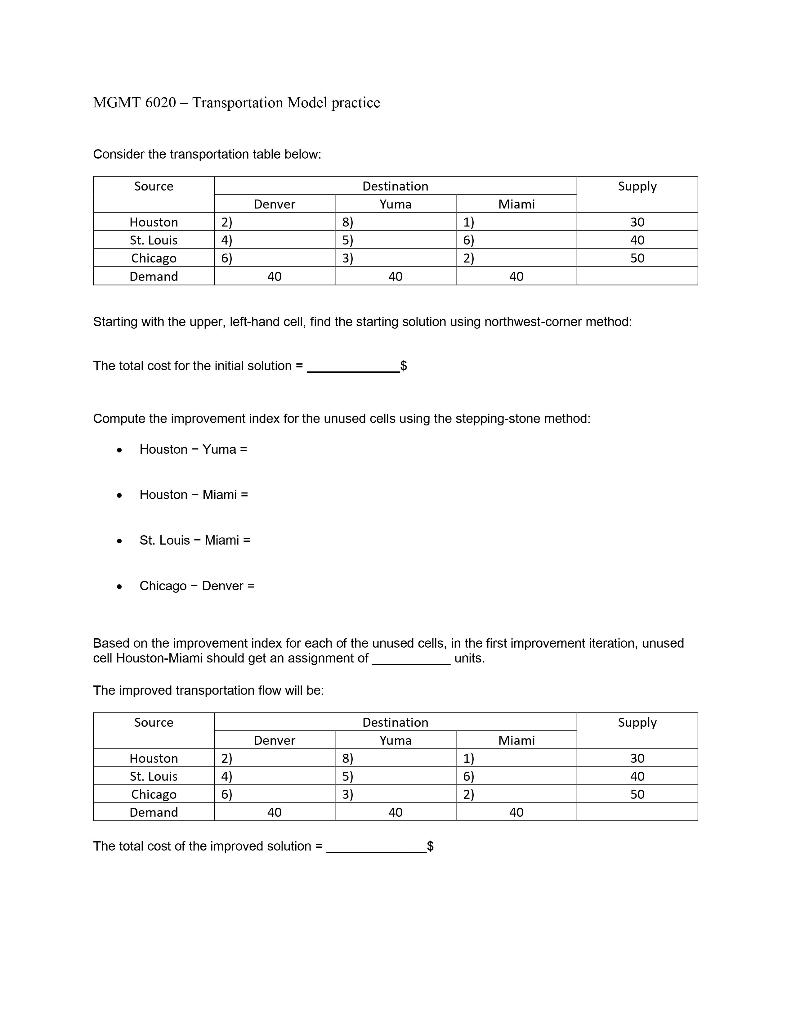MGMT 6020 - Transportation Model practice