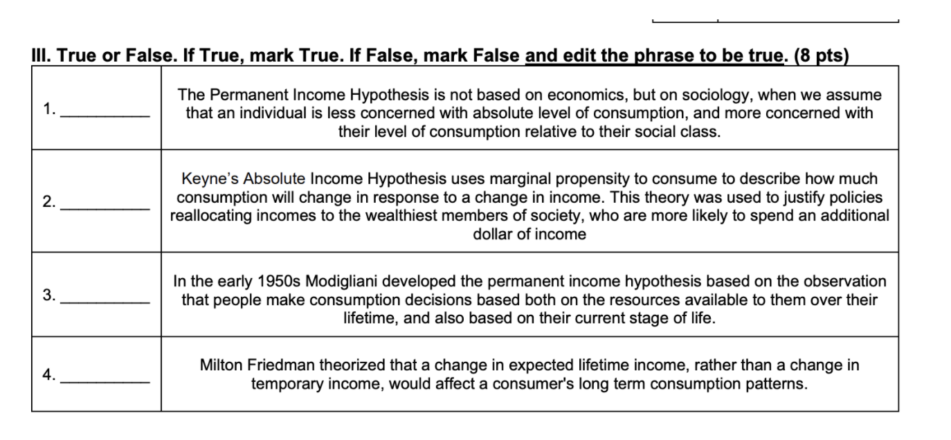 answer for ++ rating III. True or False. If True,