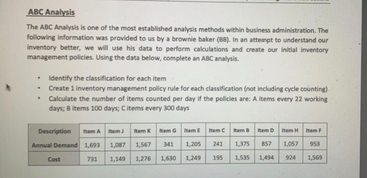 Please answer in excel ABC Analysis The ABC