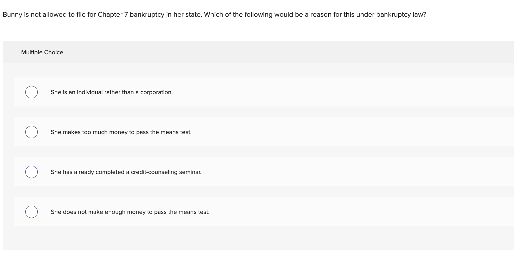 Bunny is not allowed to file for Chapter 7