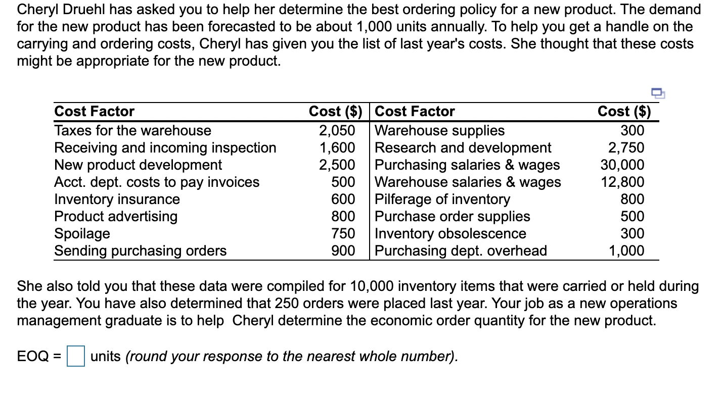 Cheryl Druehl has asked you to help her determine