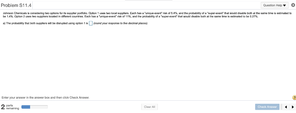 Problem S11.4 Question Help Johnson Chericals is