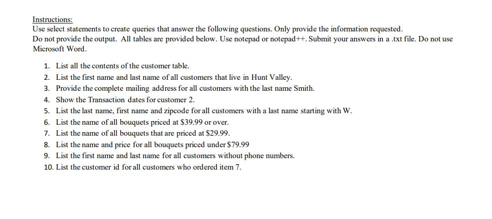 Instructions: Use select statements to create