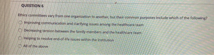 QUESTION 6 Ethics committees vary from one