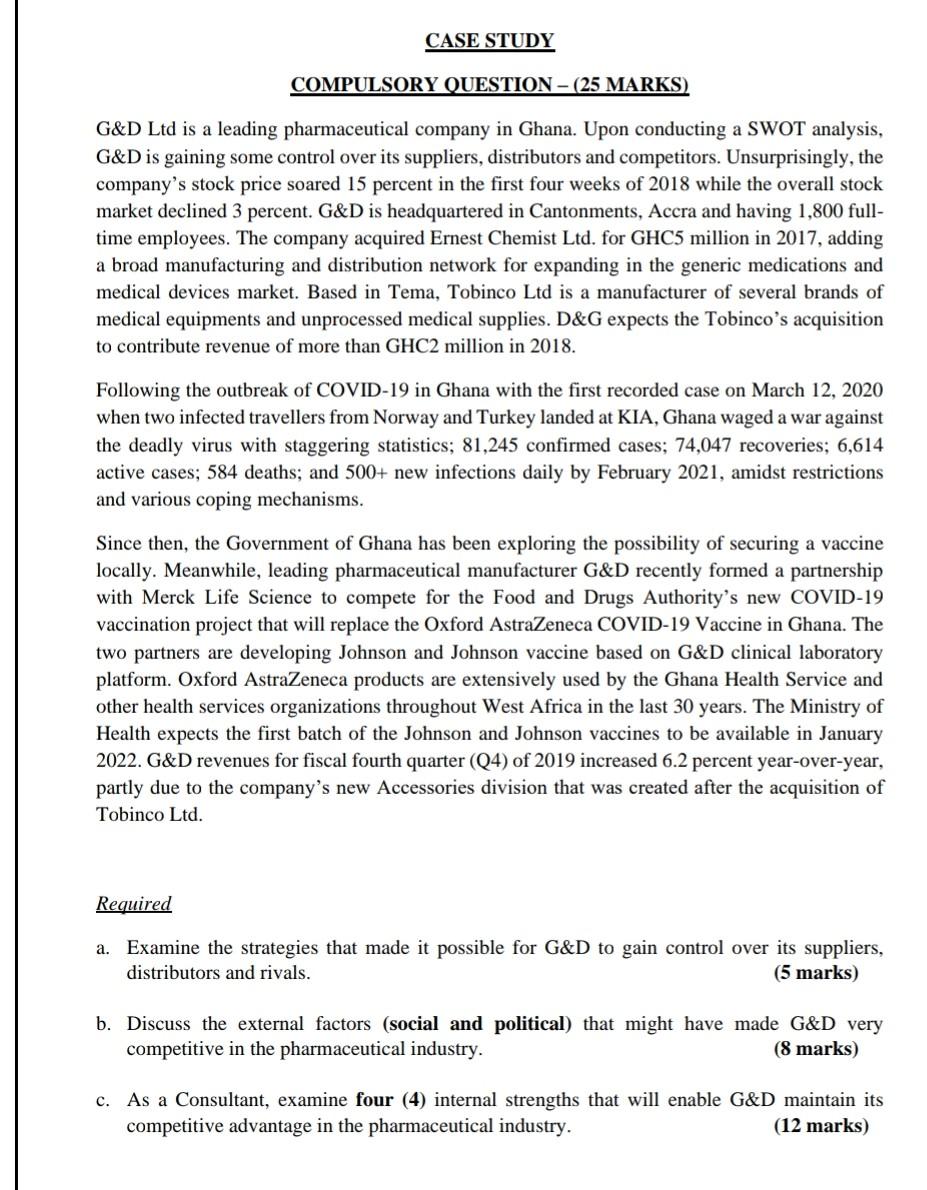 CASE STUDY COMPULSORY QUESTION - (25 MARKS) G&D