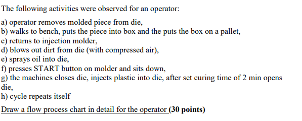 The following activities were observed for an