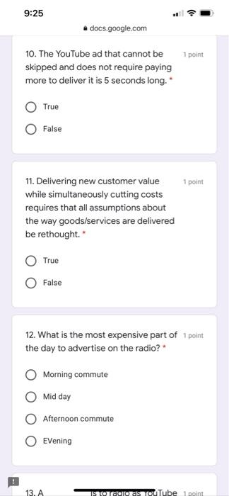 9:25 .docs.google.com 1 point 10. The YouTube ad