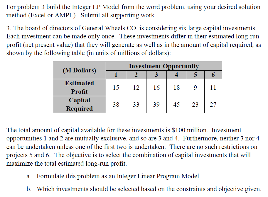 For problem 3 build the Integer LP Model from the