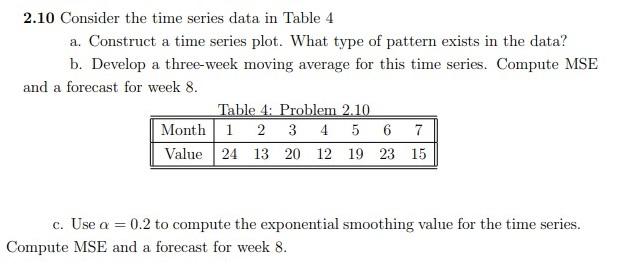 2.10 Consider the time series data in Table 4 a.