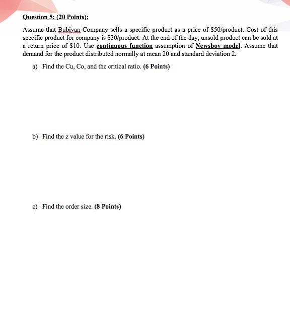 for integrated production system Question 5: (20