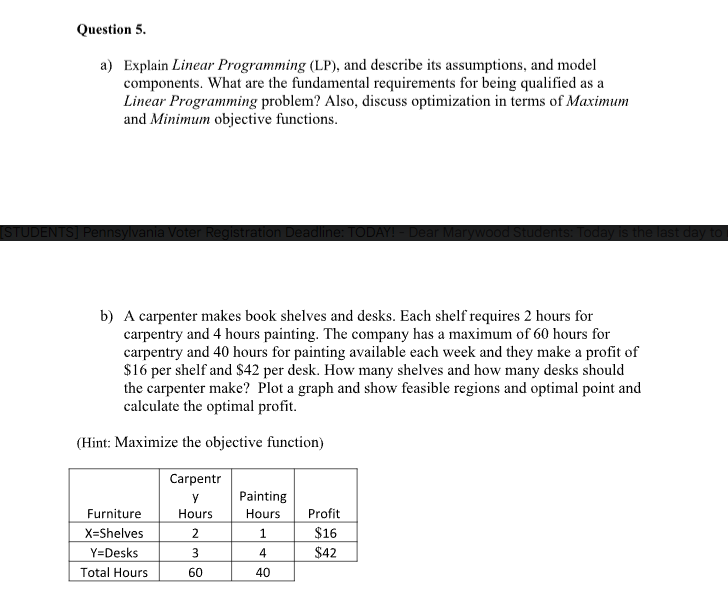 a) Explain Linear Programming (LP), and describe