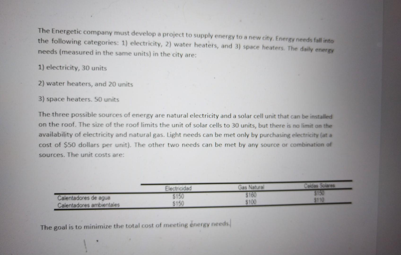 Transportation model The Energetic company must