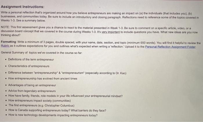 Assignment Instructions: Write a personal