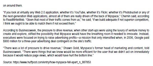 Q1: Discuss how Myspace failed to innovate at the