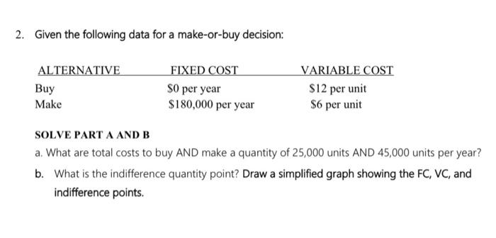 2. Given the following data for a make-or-buy