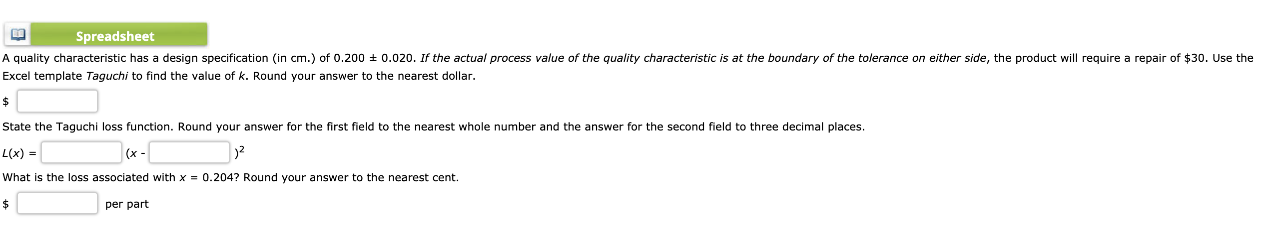 Spreadsheet A quality characteristic has a design